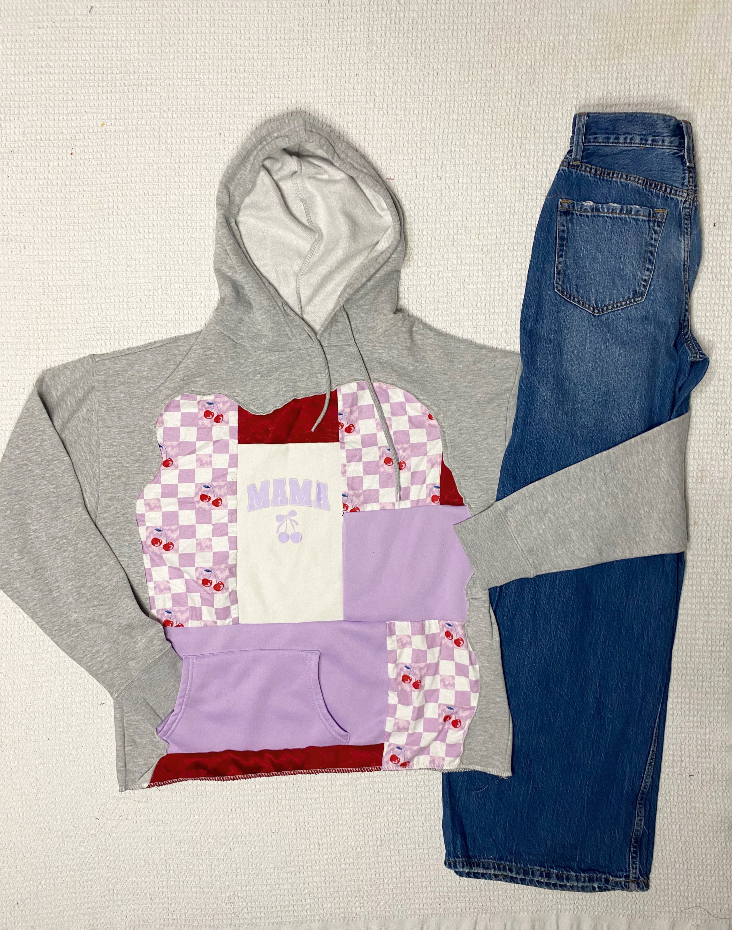 Purple checked cherry mama hoodie (L)