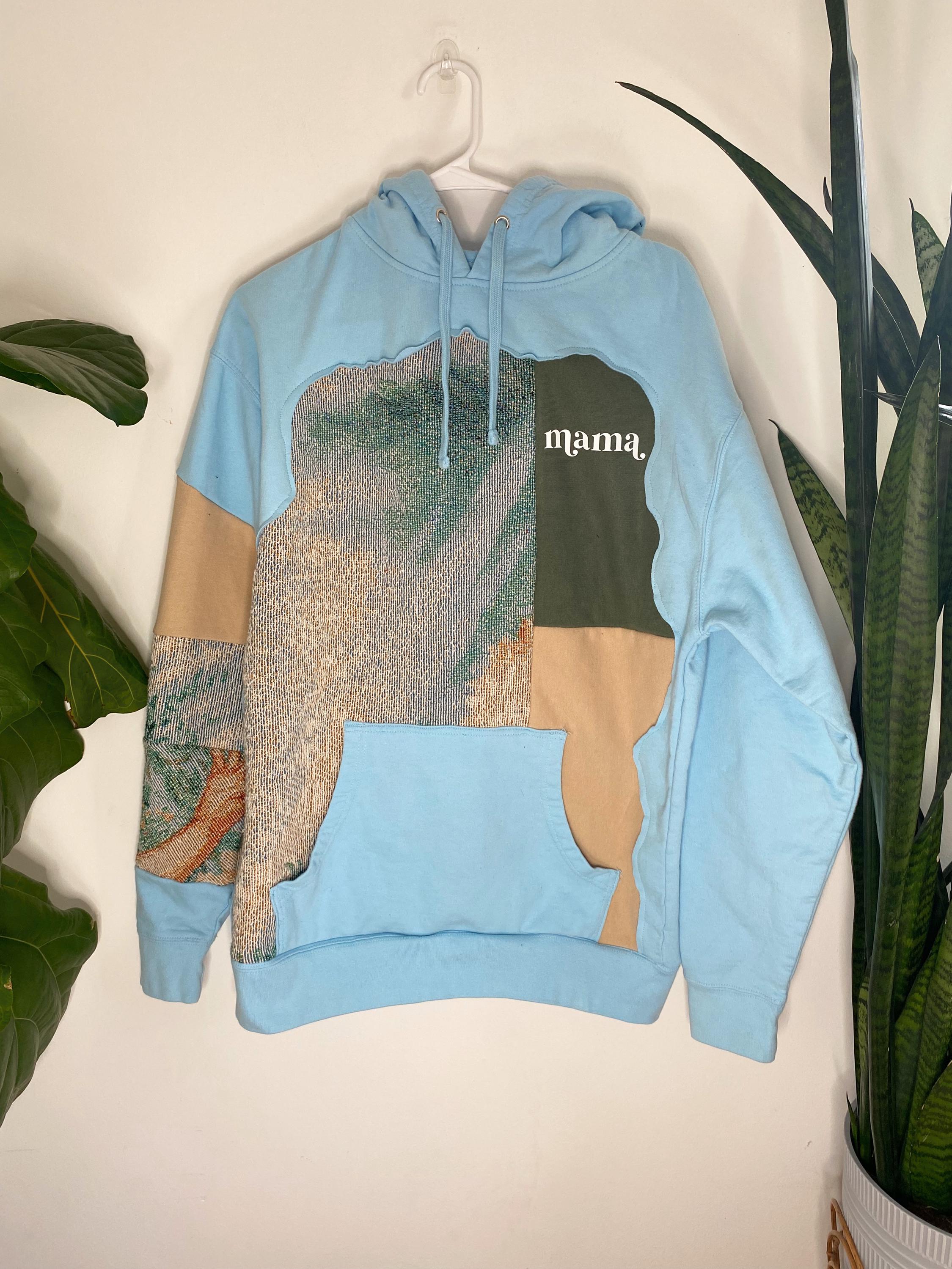 Blue patchwork tapestry mama hoodie (L)