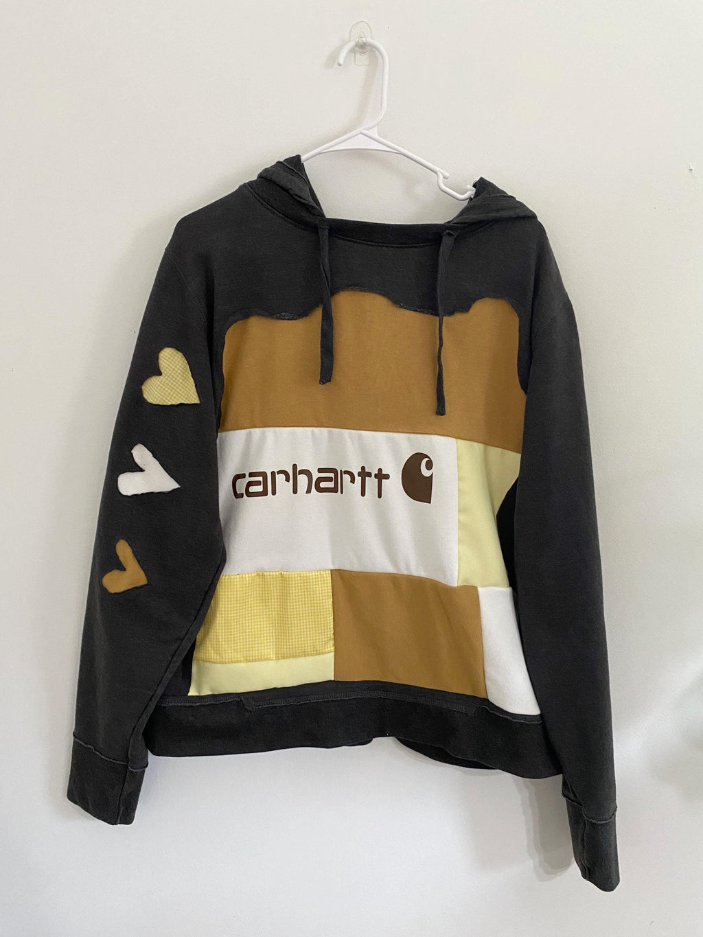 Brown and yellow heart patchwork hoodie