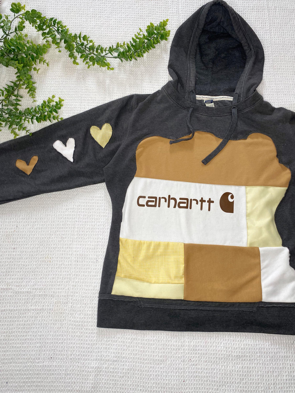 Brown and yellow heart patchwork hoodie