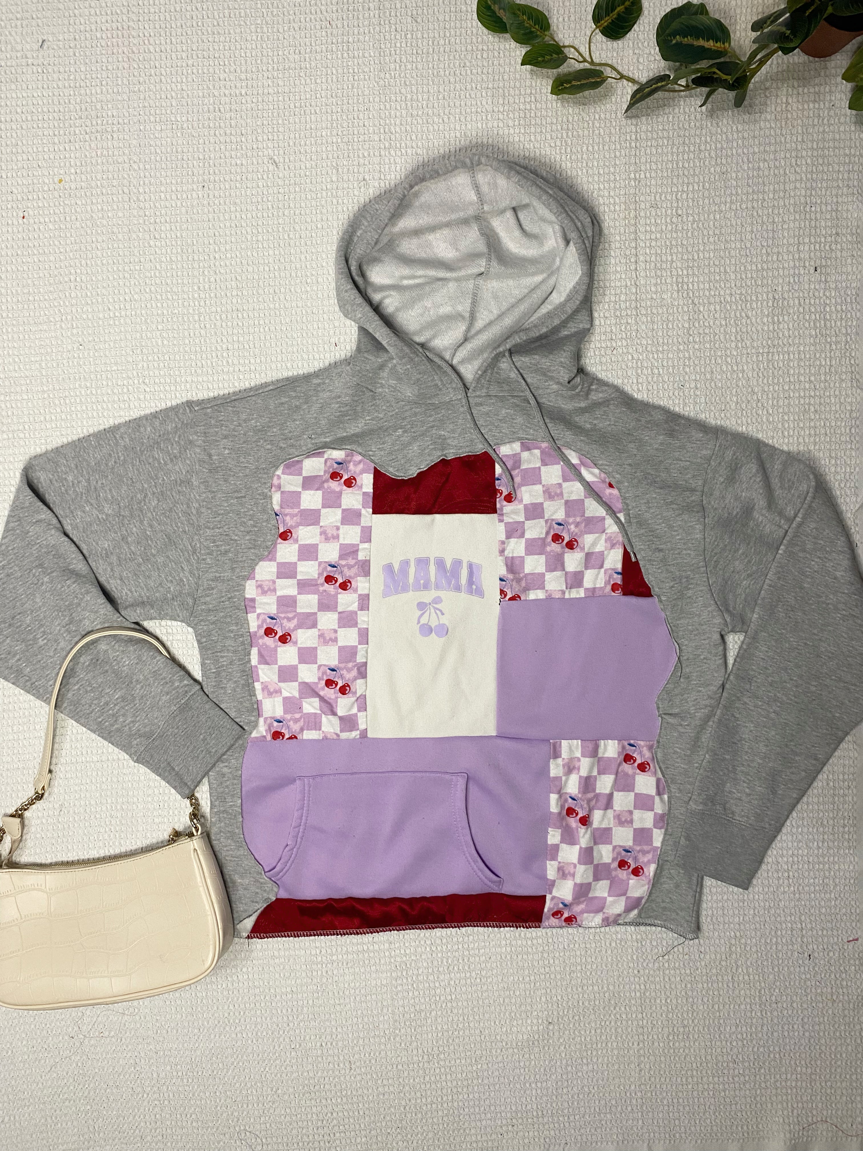 Purple checked cherry mama hoodie (L)