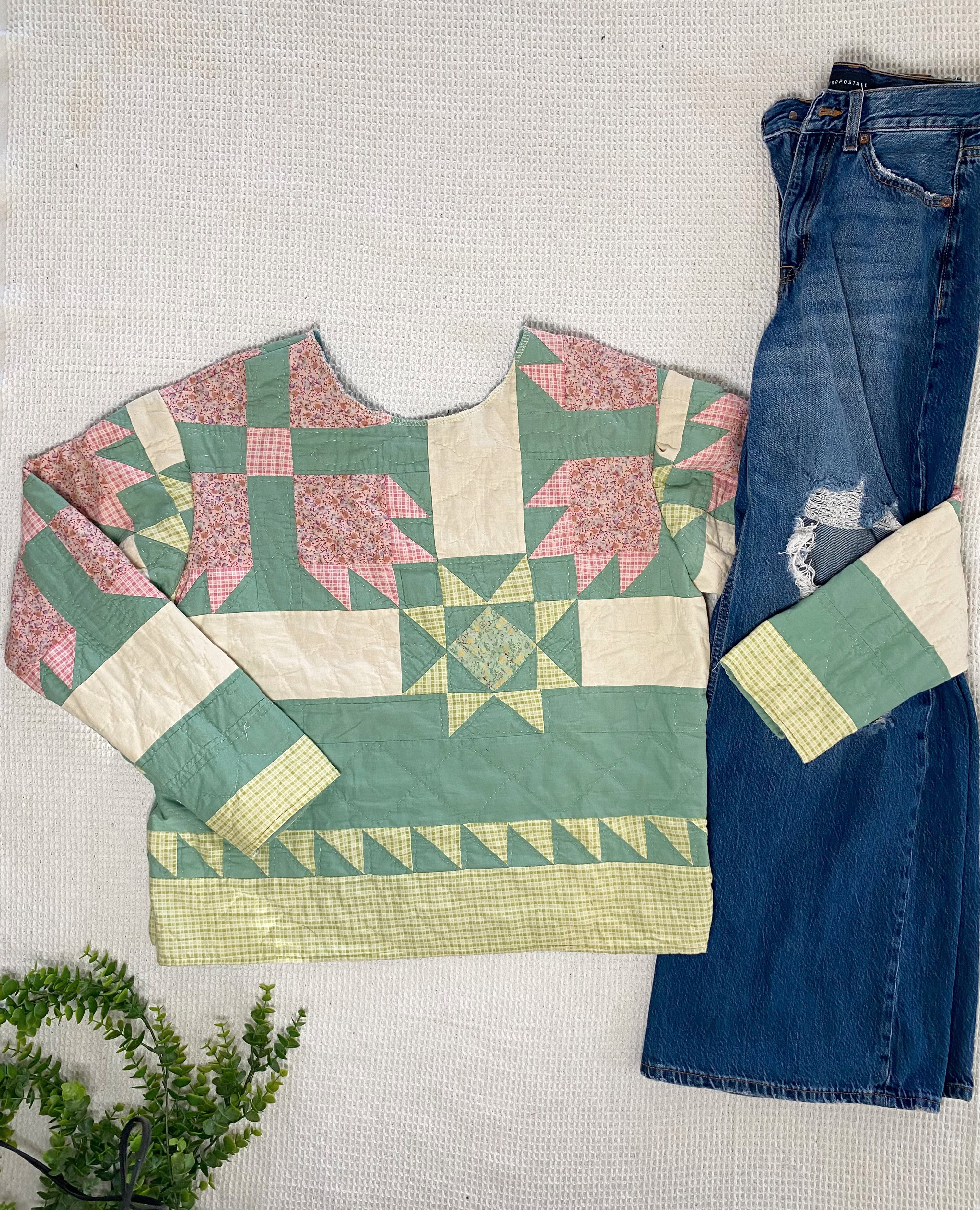 Green pink quilted crewneck (L)