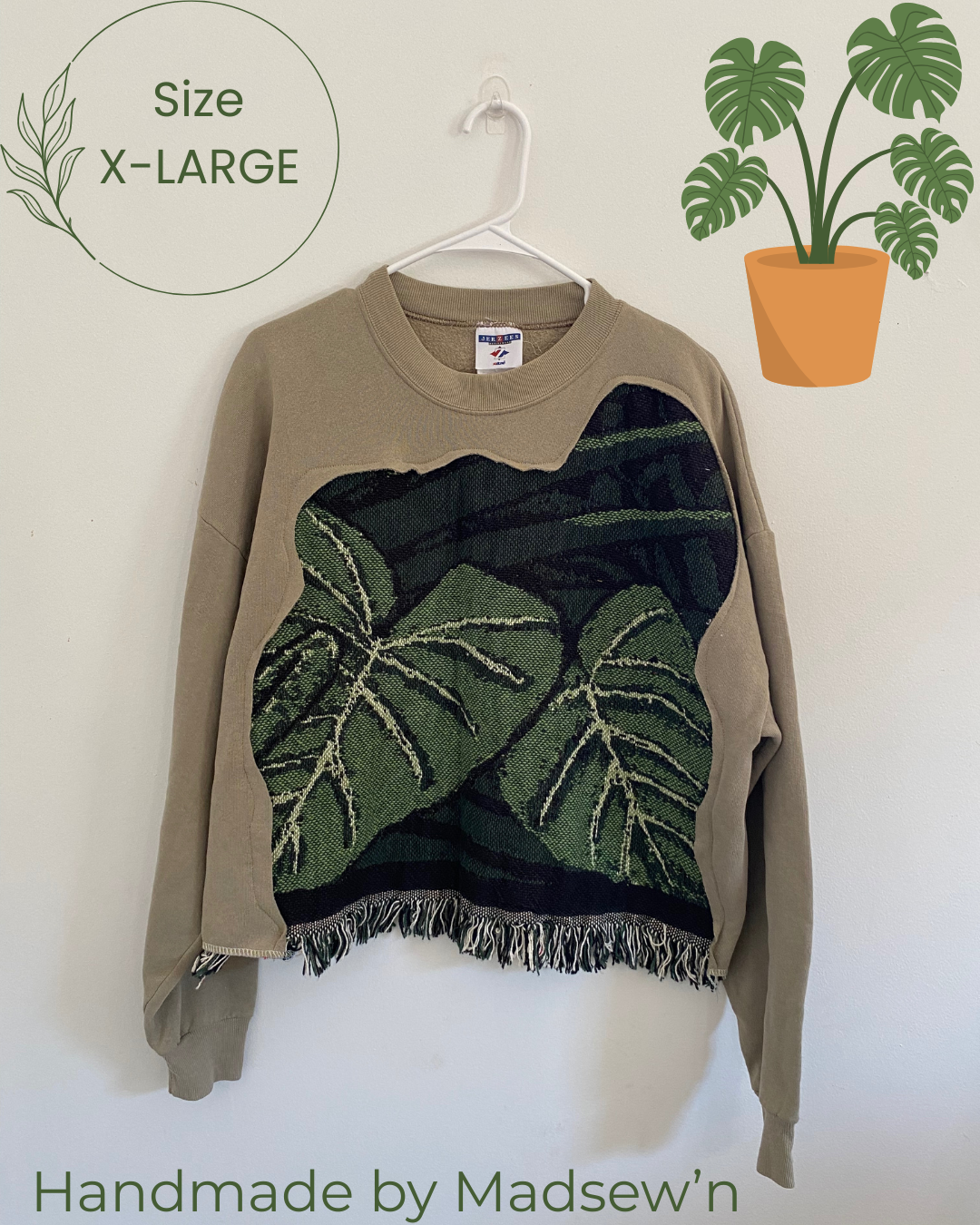 Tan and green plant tapestry fringe crewneck (XL)