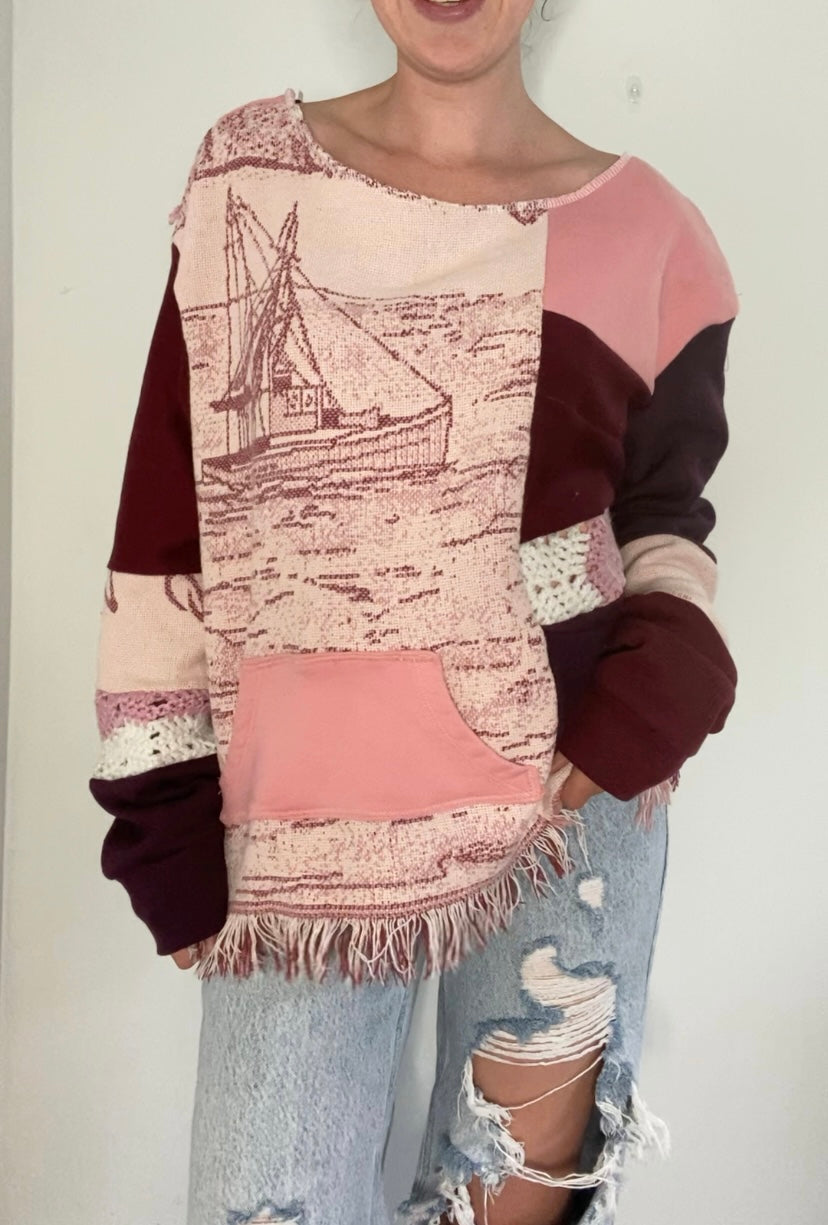 Pink maroon colorway tapestry patchwork sweatshirt (M / L)