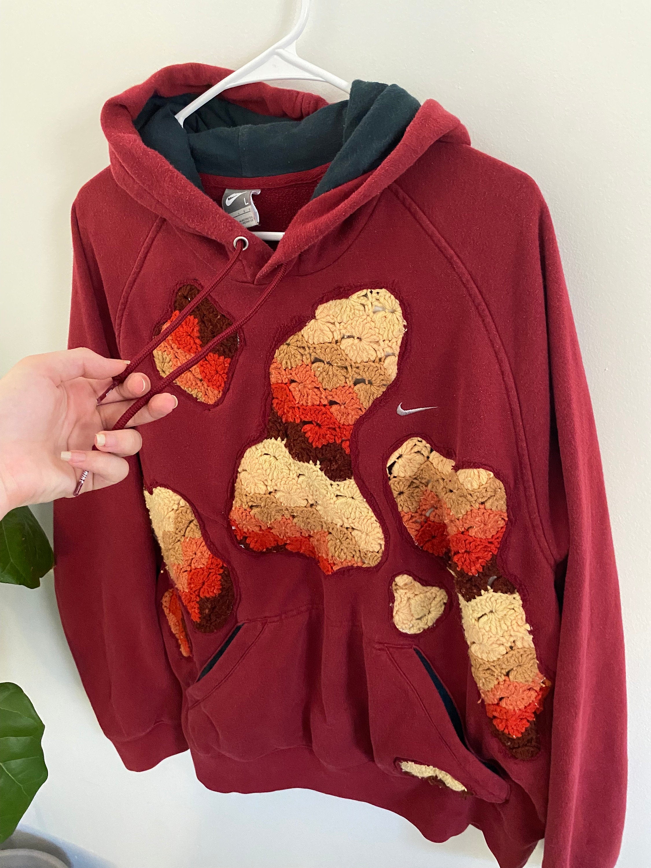 Warm colorway crocheted patchwork hoodie (L)