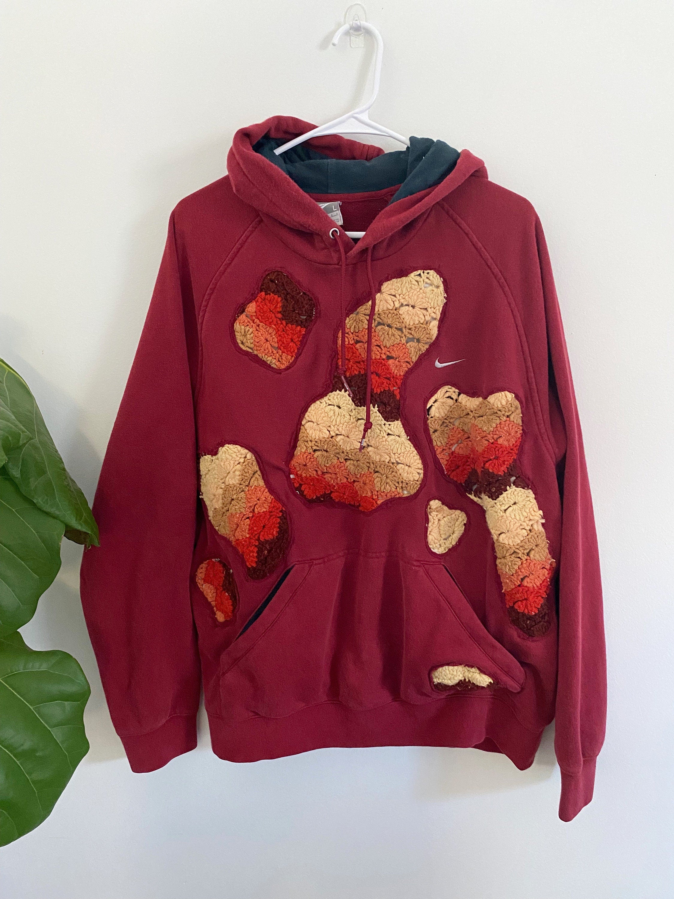 Warm colorway crocheted patchwork hoodie (L)