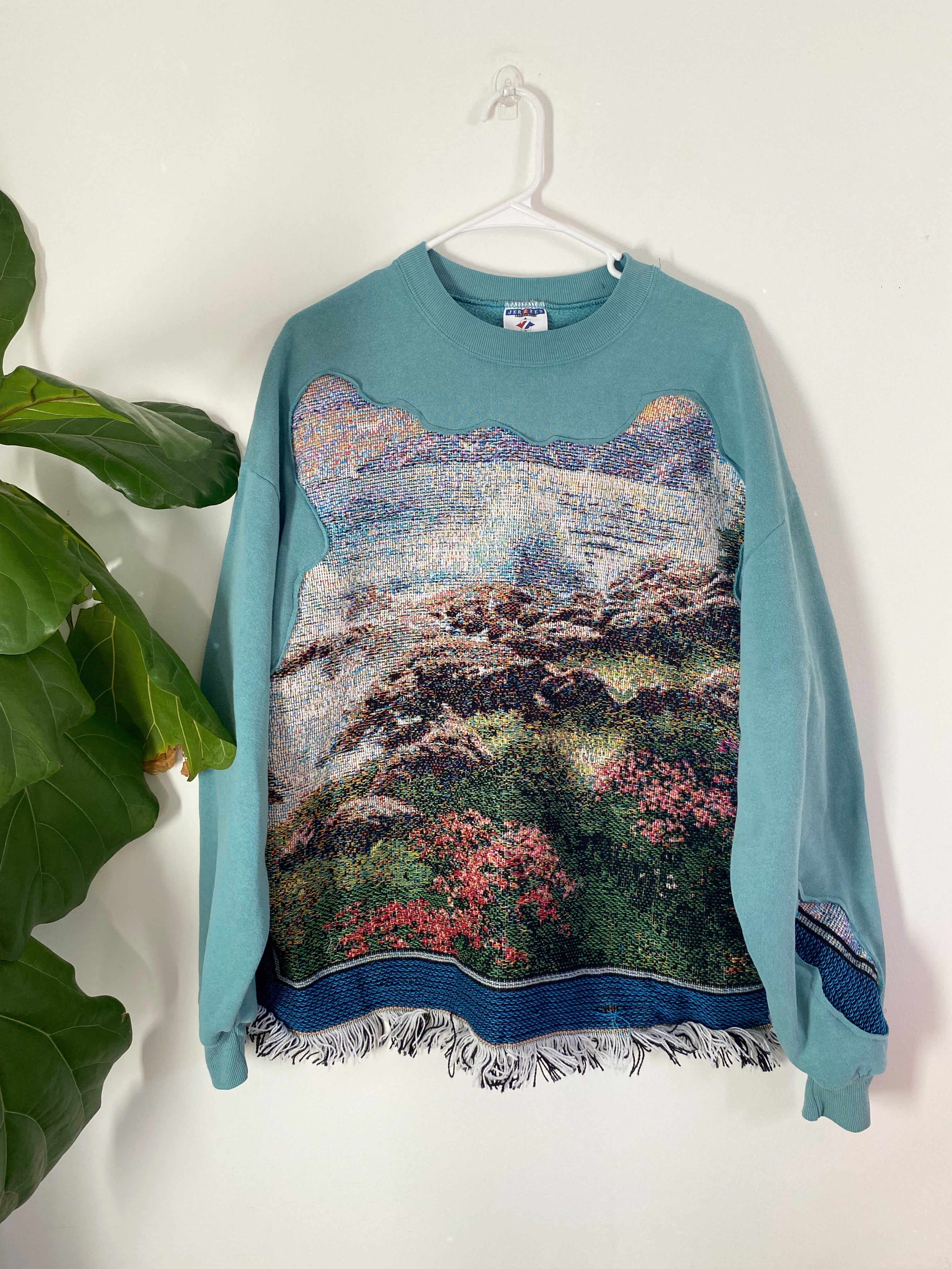 Blue nature tapestry fringe crewneck (XL)