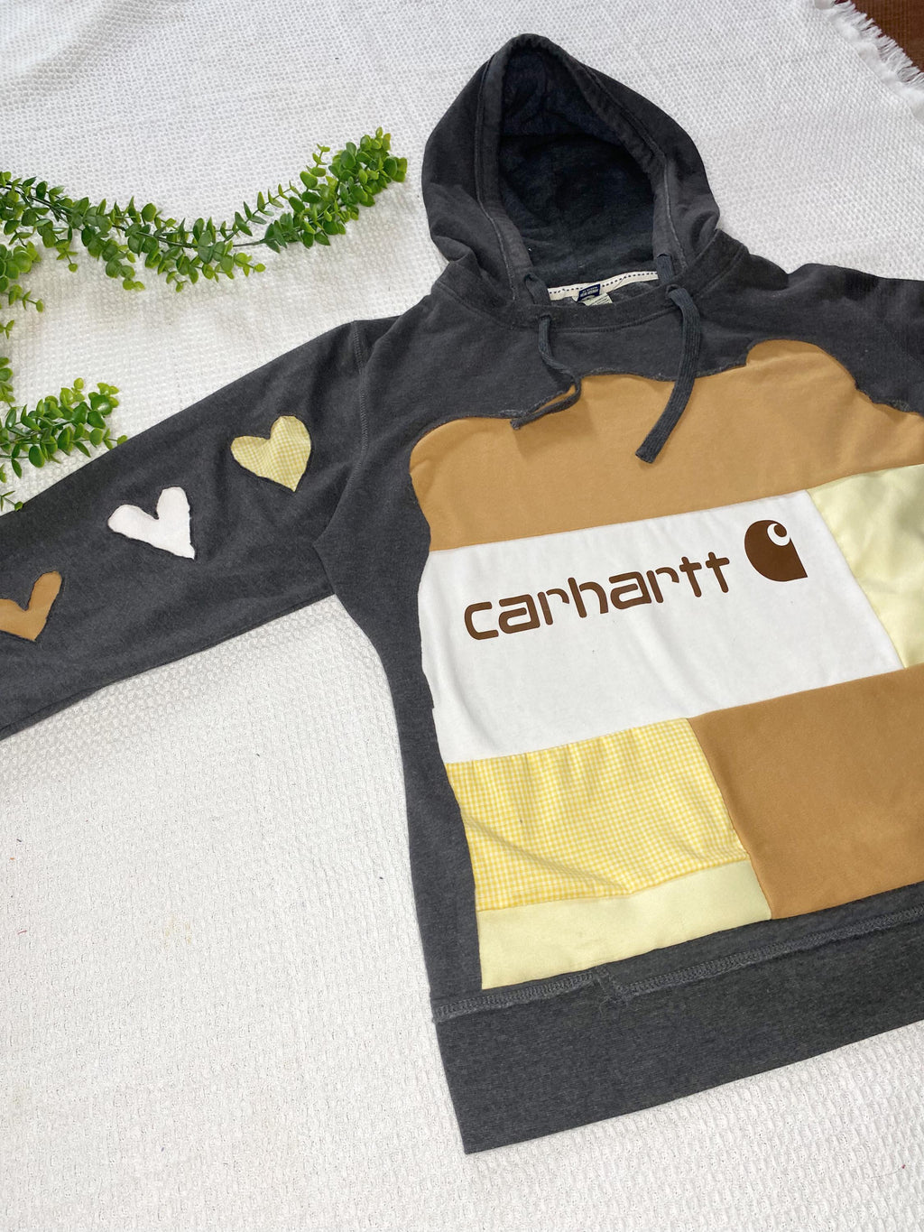 Brown and yellow heart patchwork hoodie