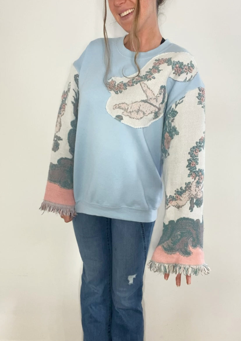 Angel tapestry crewneck fringe sleeves (L)