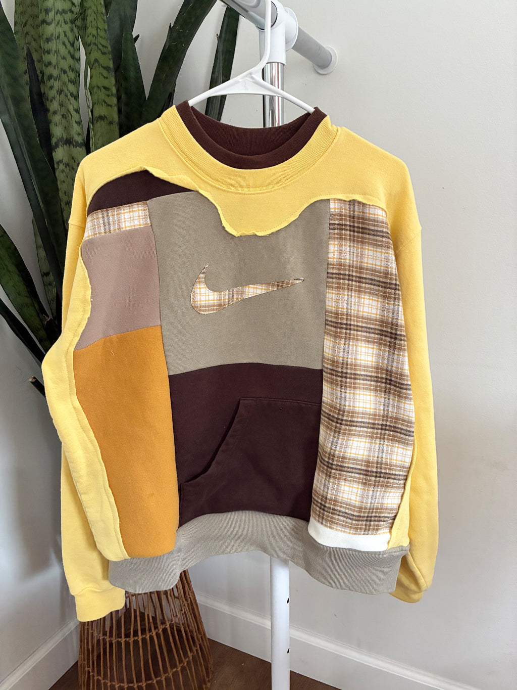 Yellow and brown patchwork crewneck