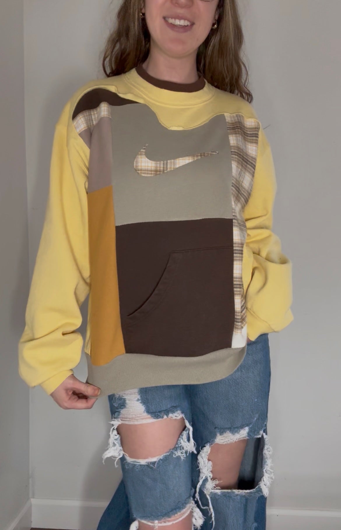 Yellow and brown patchwork crewneck