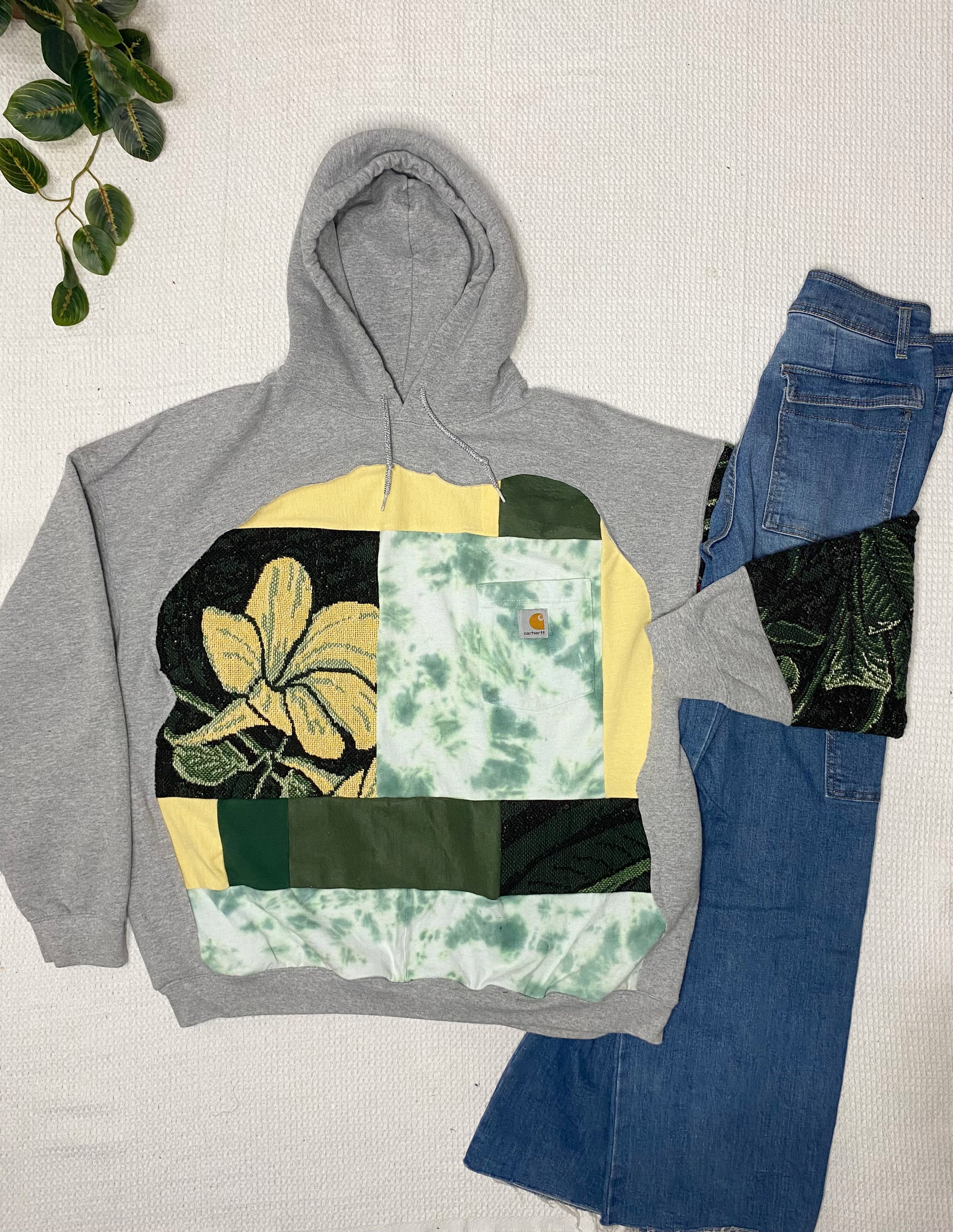 Green floral plant patchwork hoodie (2X)