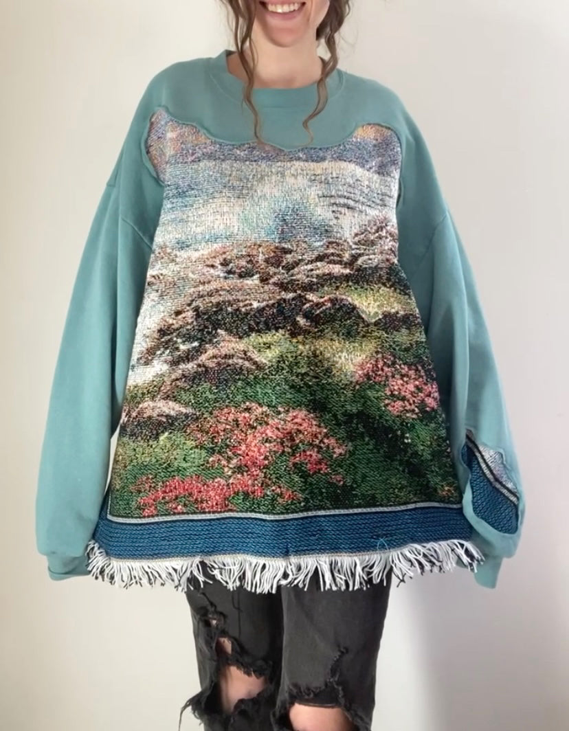 Blue nature tapestry fringe crewneck (XL)
