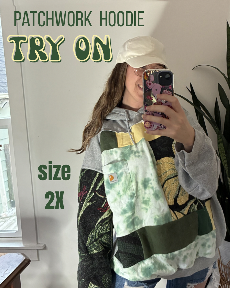 Green floral plant patchwork hoodie (2X)