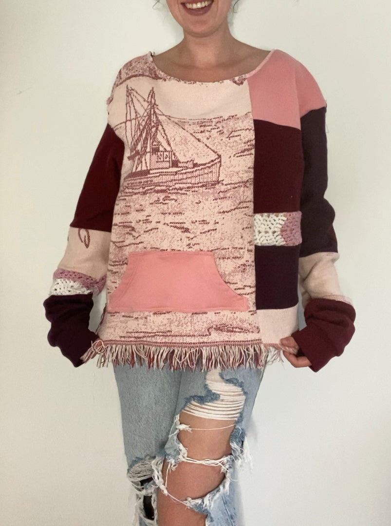 Pink maroon colorway tapestry patchwork sweatshirt (M / L)