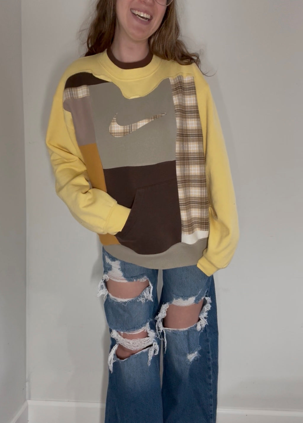Yellow and brown patchwork crewneck