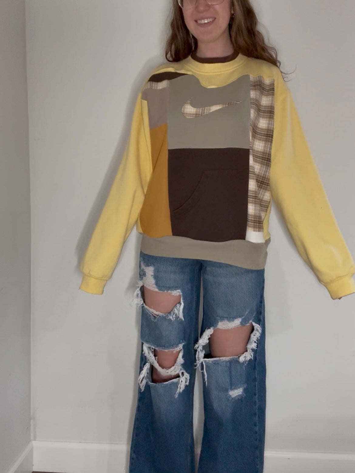 Yellow and brown patchwork crewneck