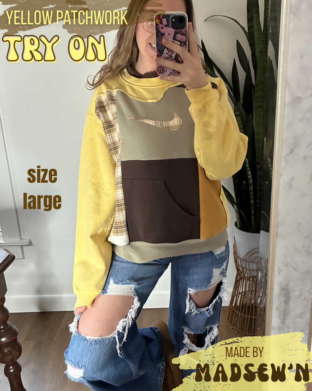 Yellow and brown patchwork crewneck