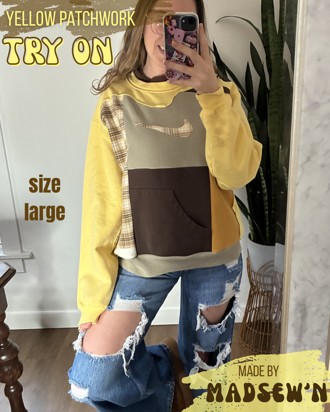 Yellow and brown patchwork crewneck