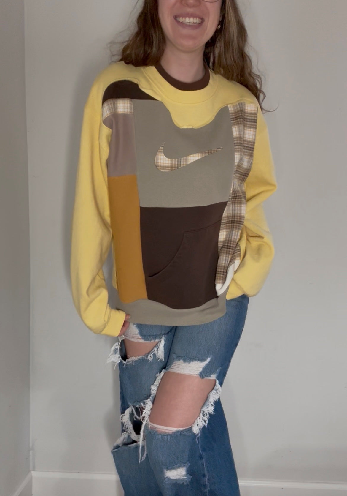 Yellow and brown patchwork crewneck