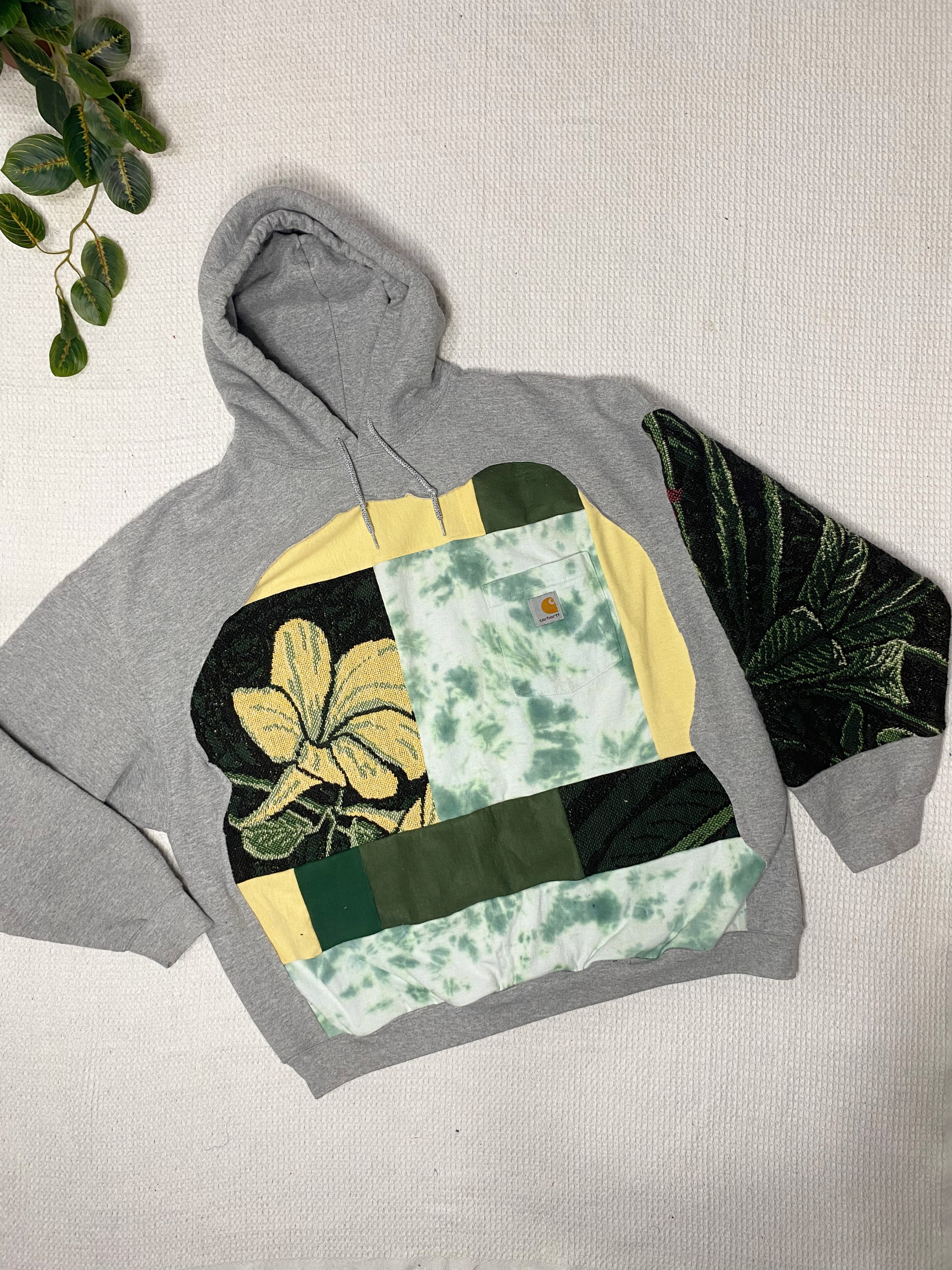 Green floral plant patchwork hoodie (2X)