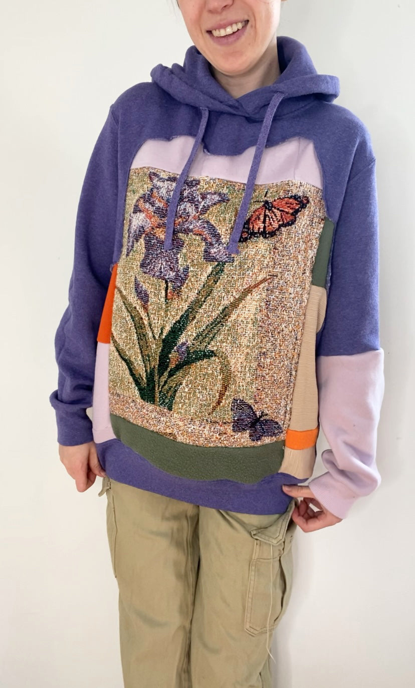 Purple spring tapestry patchwork hoodie (L)