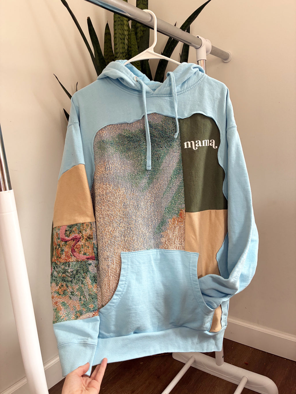 Blue patchwork tapestry mama hoodie (L)