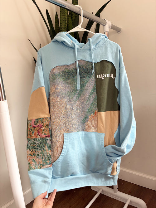 Blue patchwork tapestry mama hoodie (L)