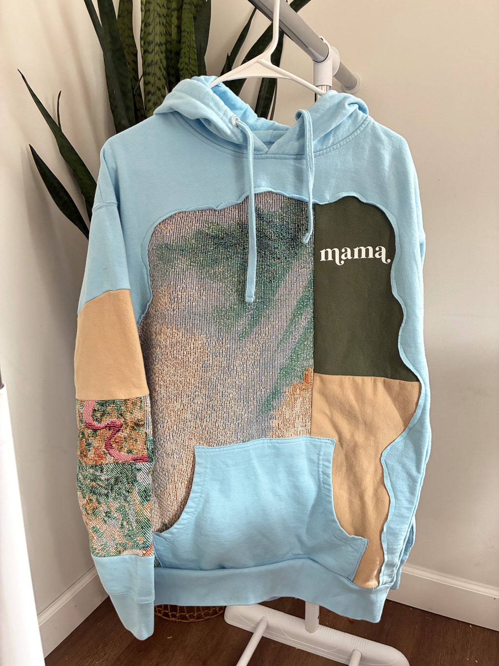 Blue patchwork tapestry mama hoodie (L)