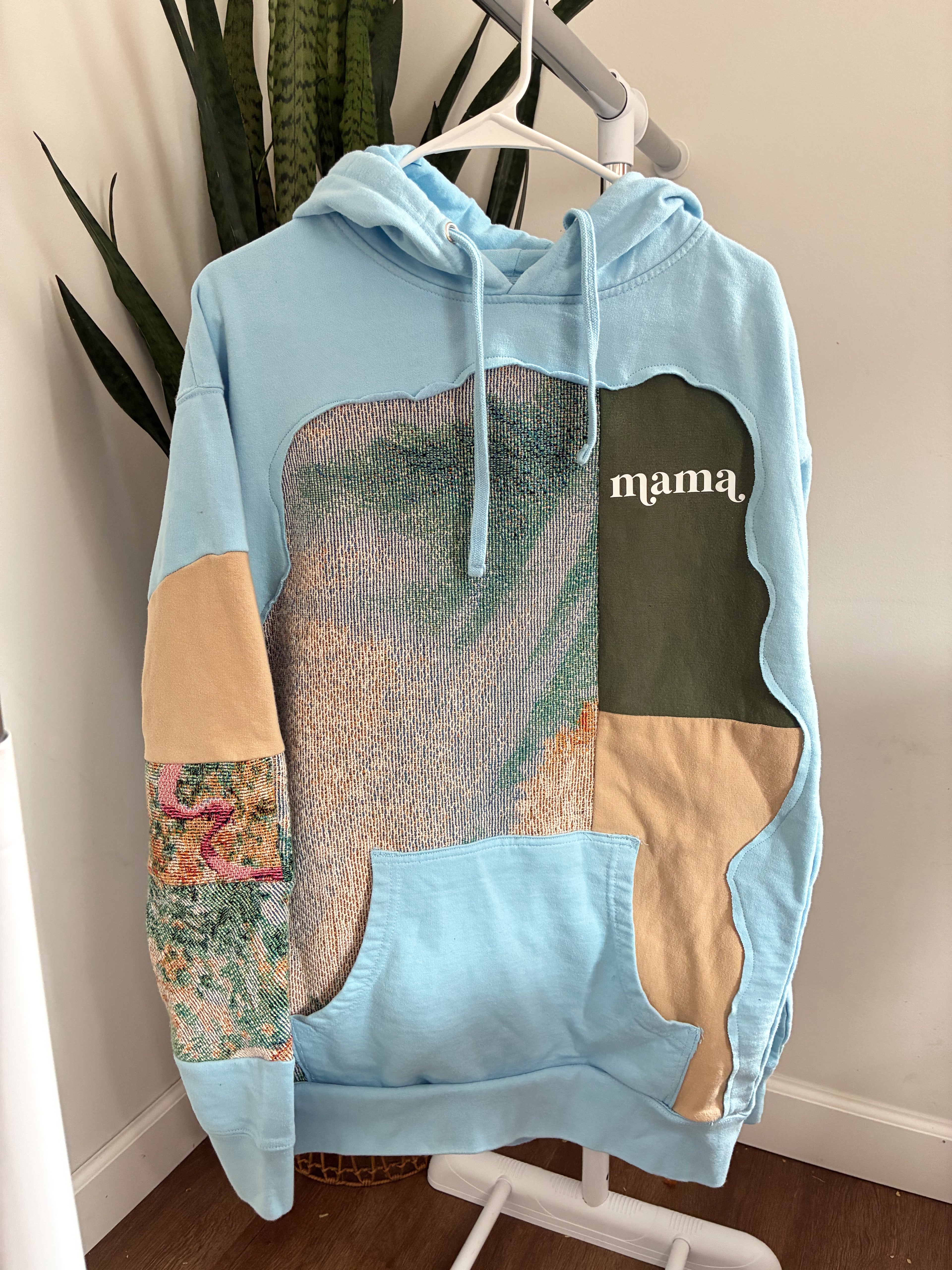 Blue patchwork tapestry mama hoodie (L)