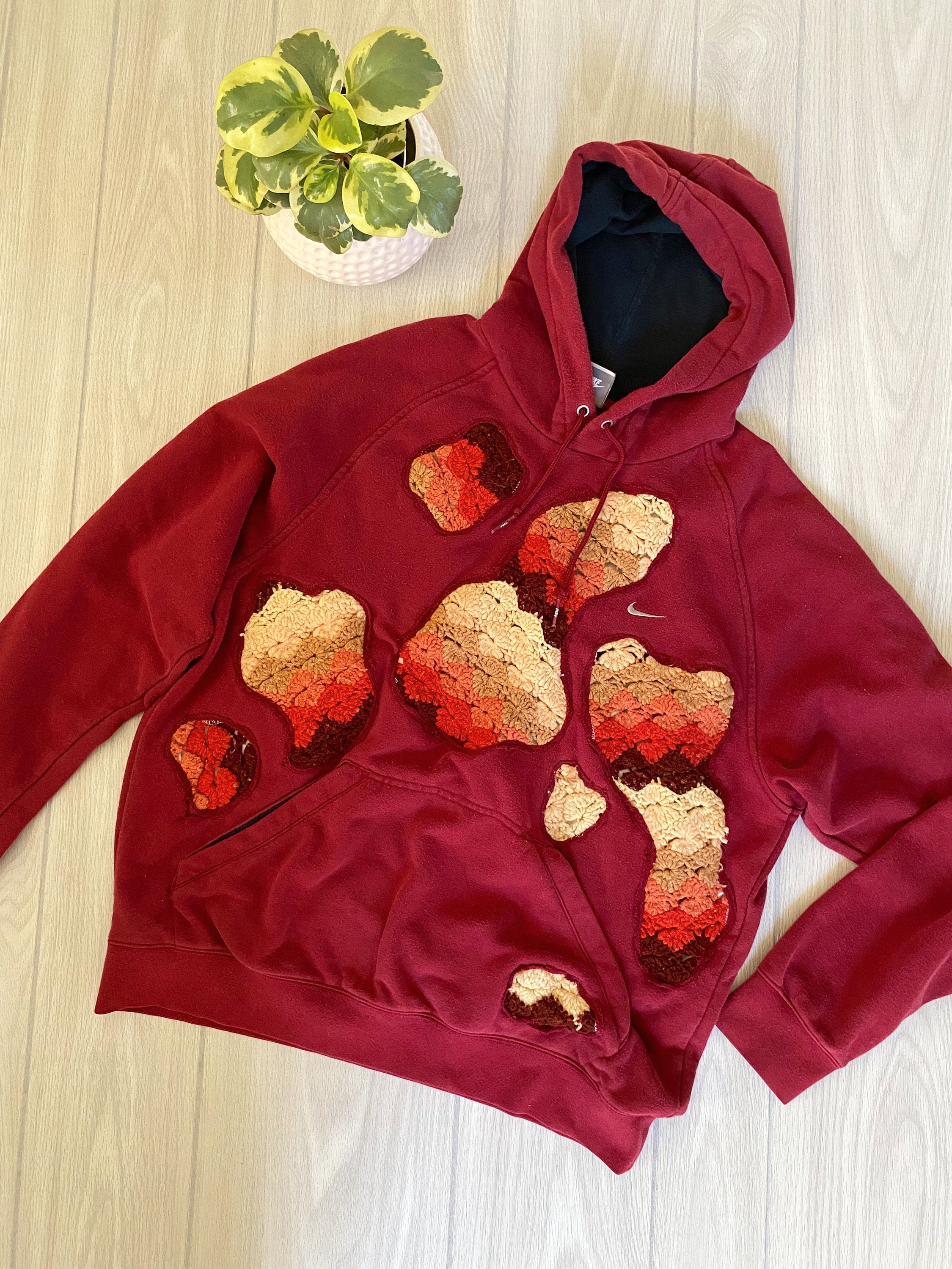 Warm colorway crocheted patchwork hoodie (L)