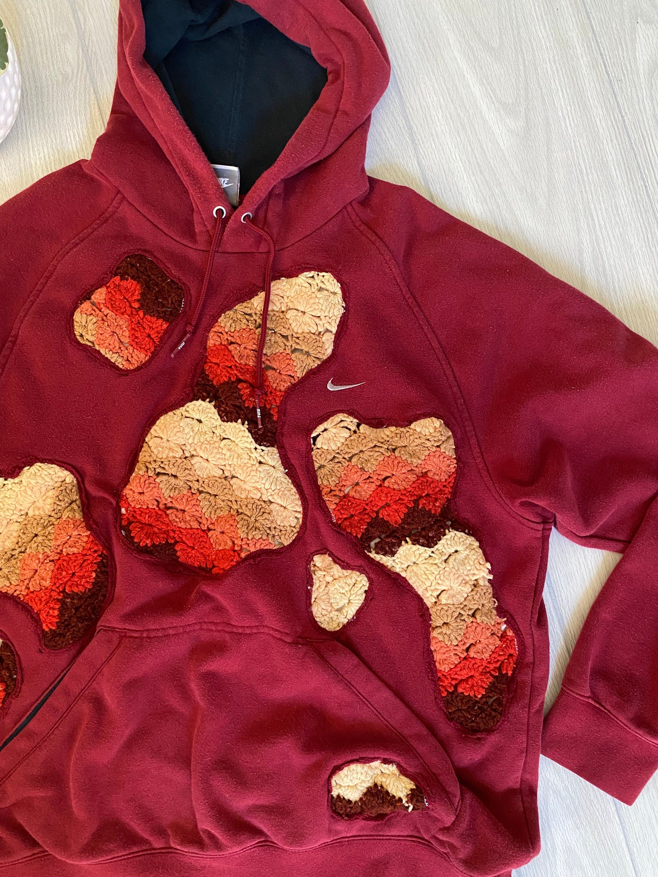 Warm colorway crocheted patchwork hoodie (L)