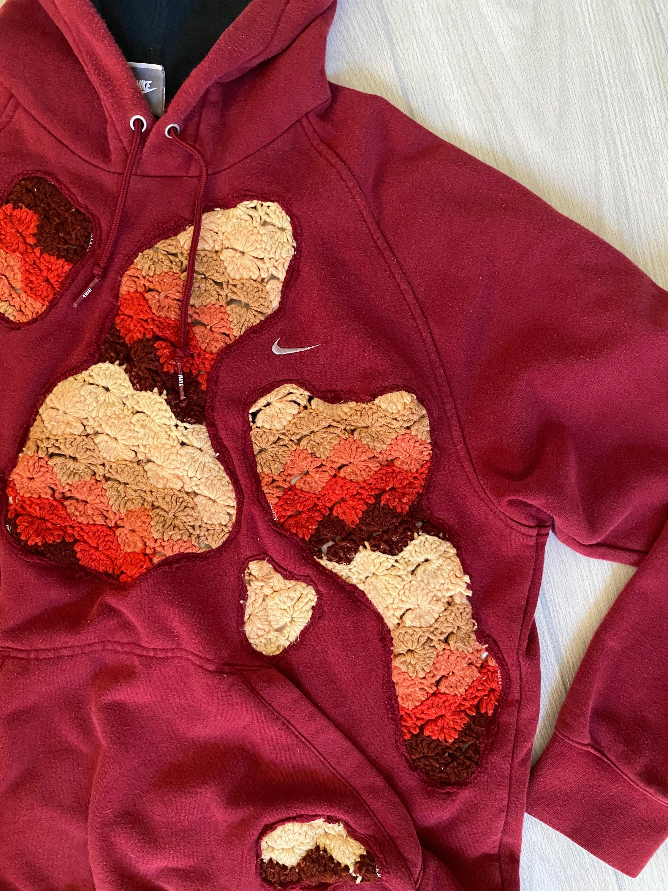 Warm colorway crocheted patchwork hoodie (L)
