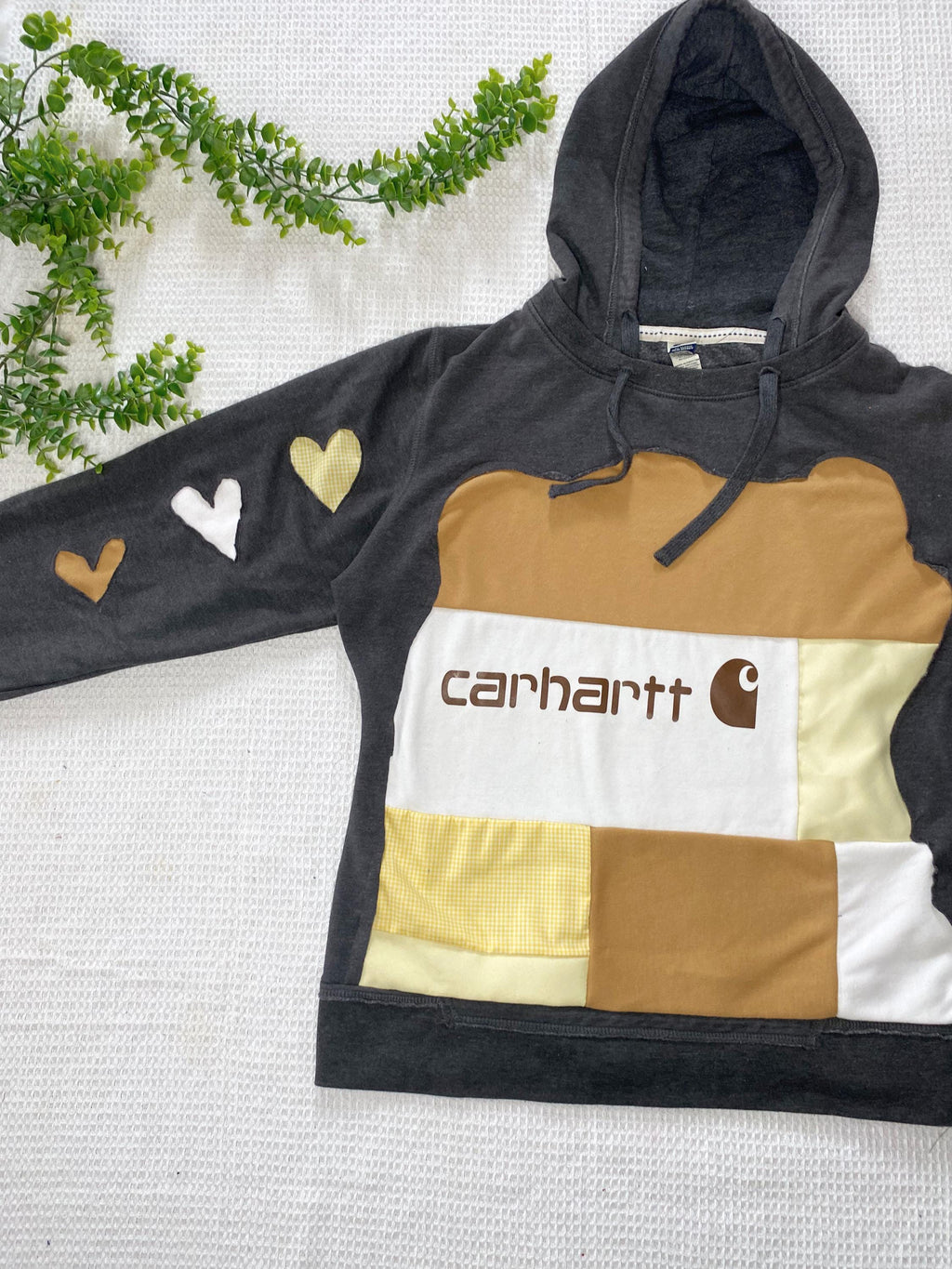 Brown and yellow heart patchwork hoodie